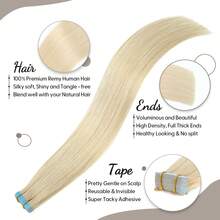 40PCS Tape In Hair Extensions Human Hair, Hair Extensions 16-26 Inch Platinum Blonde Remy Straight Human 50g/Pack Double-Side Hair Tape In Extensions Attached Skin Weft Tape Hair Extensions For Women(60#,16-26 Inch) - S60 - 查看 3