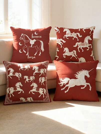 1件/4件装红色动物马图案抱枕套 家居装饰沙发靠垫套 卧室头枕套 汽车座椅垫套 房间装饰