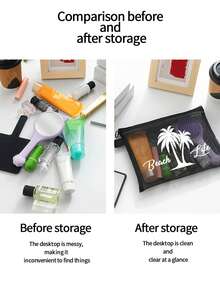 大容量透明网眼化妆包，饰有“海滩生活”和椰子树图案，便携式旅行化妆收纳包，色彩缤纷的海滩主题拉链收纳包，化妆包，护肤包，度假旅行便携收纳包，充满夏日气息，清新有趣的图案，旅行必备 - 彩色 - 查看 4