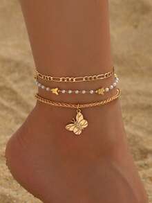 3pcs/Set Elegant Crystal Butterfly Pendant Anklet With Handmade Faux Pearl Chain, Fashion Jewelry Suitable For Daily Wear, Gatherings, Ramadan, Festivals, Dates, Travels - Multicolor - View 1