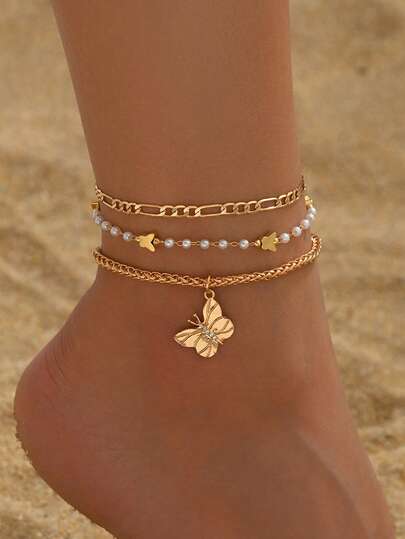 3 st/set elegant kristallfjärilshänge fotlänk med handgjord fuskpärlkedja, modesmycken lämpliga för vardagsbruk, sammankomster, Ramadan, festivaler, dejter, resor