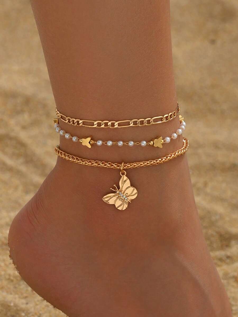 3pcs/Set Elegant Crystal Butterfly Pendant Anklet With Handmade Faux Pearl Chain, Fashion Jewelry Suitable For Daily Wear, Gatherings, Ramadan, Festivals, Dates, Travels - Multicolor - View 1