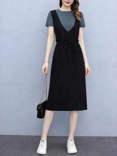 Vestido mediano y largo de mujer Vestido midi de verano para mujer, corte holgado y silueta favorecedora, negro, blanco y gris, con bloques de color, estilo dos piezas con tirantes, falda evasé informal y a la moda.