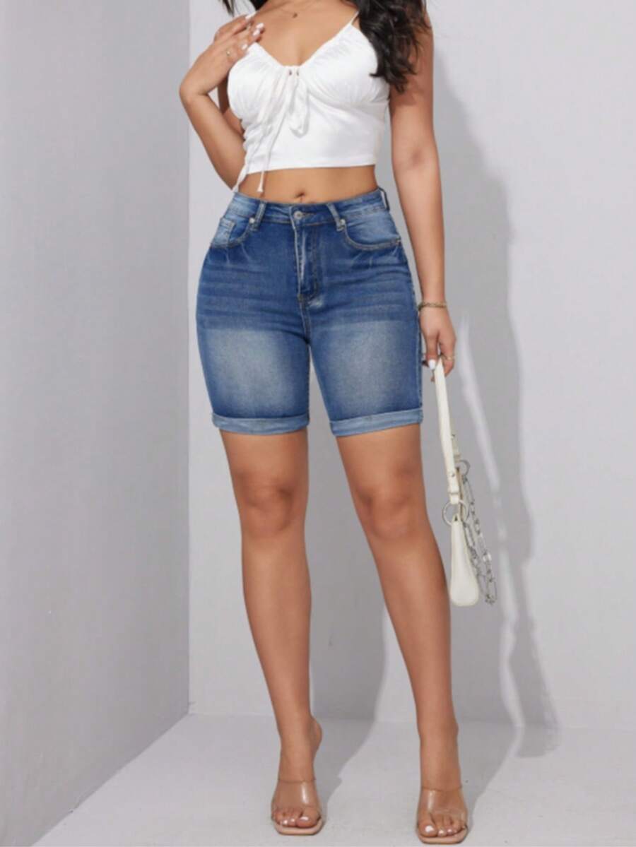 Women High Waist Ripped Denim Shorts For Women Stretch Skinny Knee Length Jeans Shorts  Female Clothing Causal Summer Fold Hem Stretchy Long Denim Shorts 7 Inch Inseam Straight Leg Jean Casual Trouser - 藍色 - 查看 1