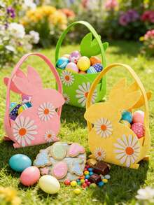 1个复活节兔子耳朵毛毡篮，可爱雏菊花礼品袋，复活节彩蛋寻宝游戏礼品袋，可重复使用的春季派对礼品桶 - 彩色 - 查看 3