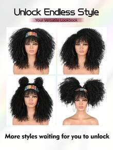 18 Inch Afro Curly Wigs For Women Afro Bomb Curly Wig With Bangs Synthetic Fiber Glueless Long Kinky Curly Hair Black - Màu đen tự nhiên - Xem 6