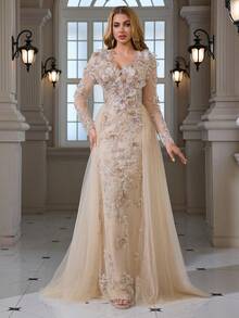 Beaded, Sequin Embroidered Lace Shawl With Tassel Trim, Elegant A-Line Maxi Dress, Suitable For Cocktail Party, Gala, Wedding - Champagne - View 5