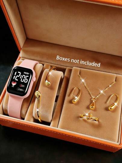 Fashionable And Elegant LED Heart-Shaped Digital Watch And Teardrop Jewelry Set Including Bracelet, Necklace, Ring, Earrings For Girls, Suitable For Students, Daily Occasions Like School, Parties, Travel, Perfect Gift For Friends, Birthday, Valentine''s Day, And Loved Ones