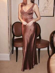 Robe d'été sexy pour femmes en dentelle marron dos nu, robe de soirée longue à ourlet de sirène pour concert, robe de soirée élégante en tricot transparent - Tabac - Voir 10