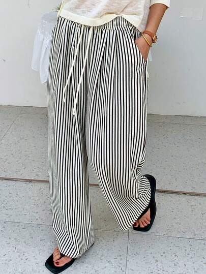 Quần ống rộng cạp cao kẻ sọc, có dây rút ở eo, đa năng (Họa tiết kẻ sọc ngẫu nhiên)