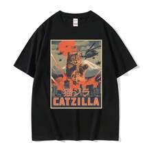 Camiseta clásica de moda, ropa de calle unisex, camiseta de verano de manga corta, camiseta retro con patrón de póster de la película Catzilla japonesa - Negro - Ver 10