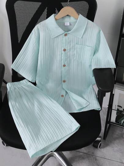 Purechapter 2pcs/Set Teenage Boys' Wave Striped All-Match Polo Collar Pocket Short Sleeve Shirt Paired With Elastic Waist Shorts