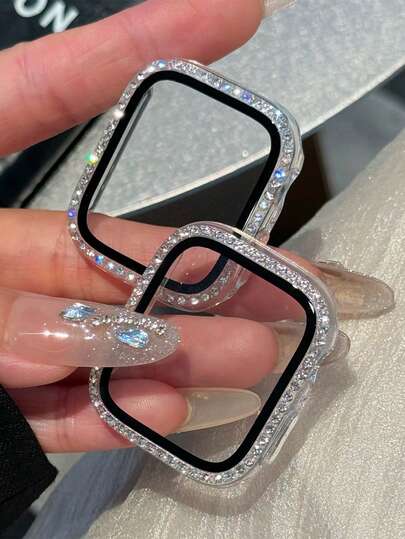 2件套时尚闪亮水钻装饰手表壳，男女通用，二合一超薄钢化玻璃屏幕保护膜+表壳，适用于 40/41/42/44/45/46/49毫米表壳，适用于 Series Ultra/SE/11/10/9/8/7/6/5/4，透明+彩色