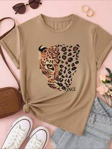 Women's T-Shirt/Blouse, 100% Cotton, With Leopard Print, Once Animal Print Fashion - Beige - View 1