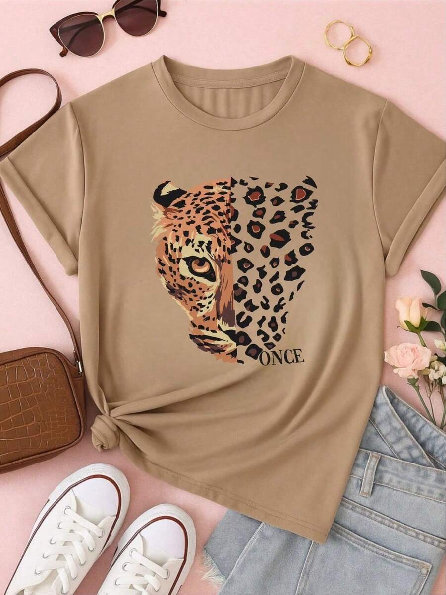Women's T-Shirt/Blouse, 100% Cotton, With Leopard Print, Once Animal Print Fashion - Beige - View 1