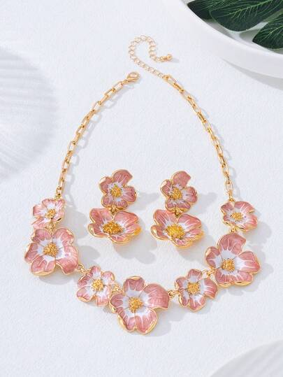 3pcs Vintage Niche Design High-End Flower Oil Drop Earrings & Necklace Set, Suitable For Teenagers, Party & Holiday Wear