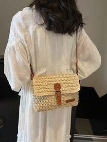 复古时尚大容量编织手提包，沙滩度假草编斜挎包 - 米色 - 查看 2