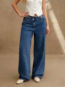 Jeans de pierna recta para mujer, cintura con botón asimétrico, estilo casual largo, sin estiramiento - Azul lavado oscuro - Ver 1