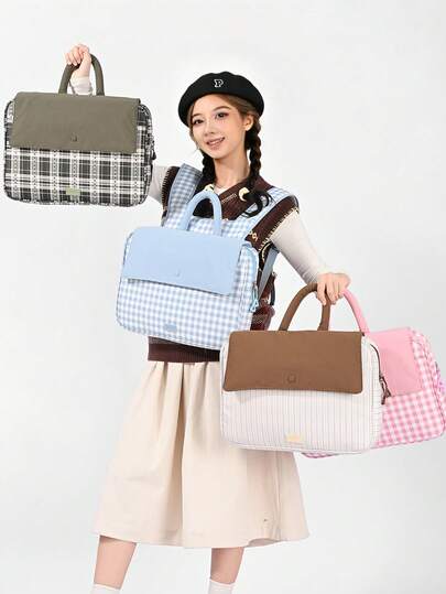 Ny högkvalitativ moderiktig laptopryggsäck för kvinnor, stor kapacitet för surfplattor på 11,6 tum, rutig randig lapptäckeväska med dubbla axelband, inbyggt laptopfack och flera fickor, andningsbara vadderade remmar, lämplig för skola, arbetspendling, korta resor