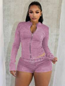 Women's Two-Piece Set, Fashionable And Elegant Temperament, Sexy Spice Girl Style, Long-Sleeved Crew Neck Zipper Denim Top, Elastic Shorts, Denim Suit. - 粉色 - 查看 2