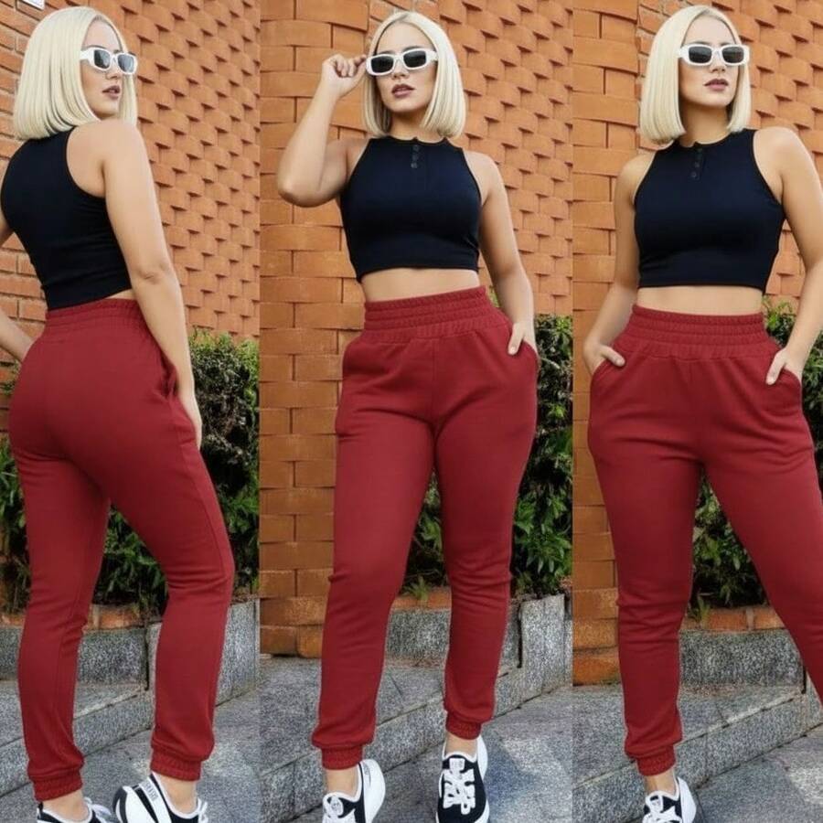 Women's Thick Jogger Sweatpants With High Waist - 酒紅色 - 查看 1