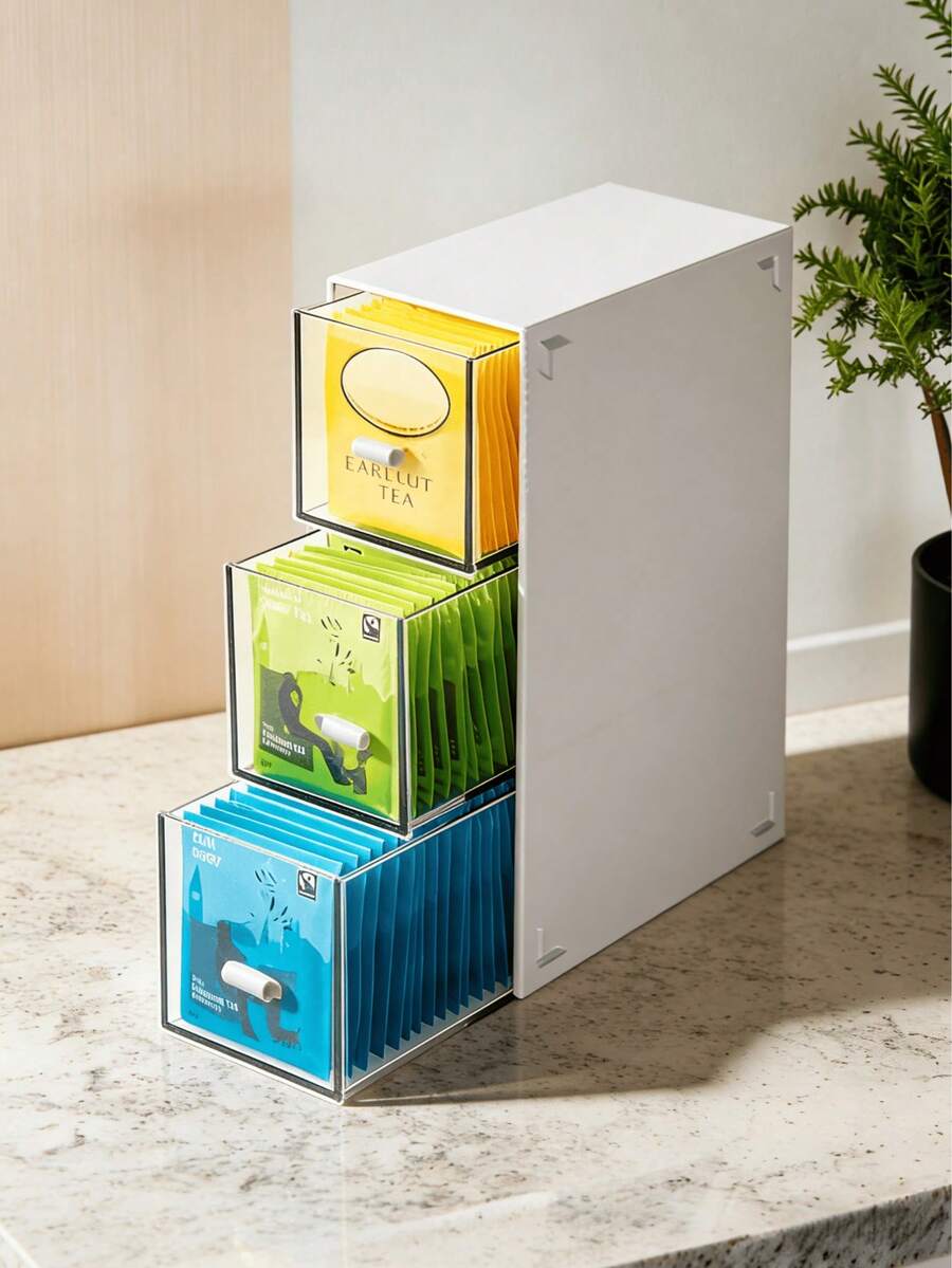 三层茶包收纳盒，适用于茶包、咖啡胶囊，多隔层塑料收纳盒，防尘多功能抽屉盒，是茶角、橱柜、食品储藏室、台面、办公室、厨房、化妆品收纳盒的理想之选，让茶包井然有序。
