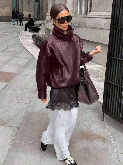 New Vintage Bomber Leather Jacket, Solid Color Casual Zip Pocket Jacket, Regular Fit