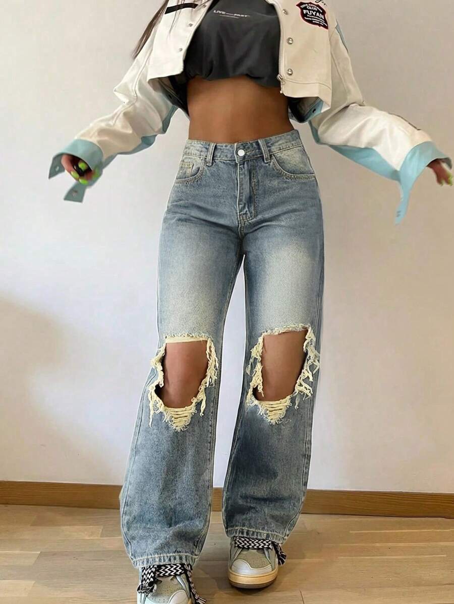 Women's Vintage Loose Stacked Straight Leg Jeans - Navy Blue - View 1