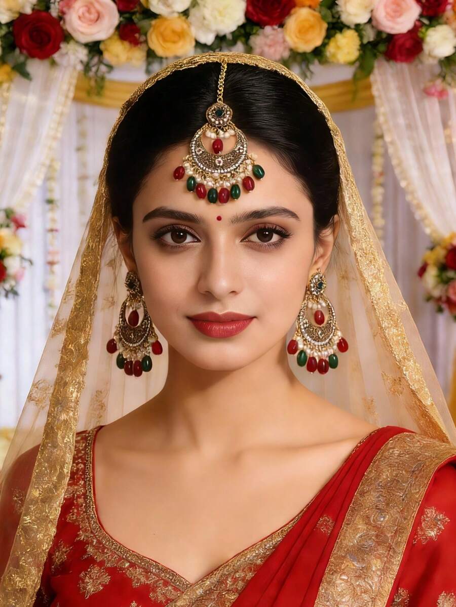 3pcs Luxury Bollywood Style Mandy Ka Jewelry Set, Including Earrings And Hair Chain, Rhinestone Encrusted Bridal Wedding Accessories, Suitable For Women's Wedding, Daily Or Festival Wear - Pendant Type - View 1