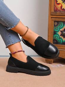 Women's All Black Slip-On Casual Shoes Comfy Knit Fabric Platform Serrated Sole Daily Wear Flats - Black - View 4