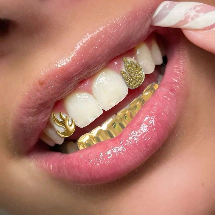 1 Set Zirconia Flame Polished Oval Base Flame 6-Tooth Flat Tooth Jewelry, Unisex Daily, Festival, Party Accessory - Multicolor - View 1