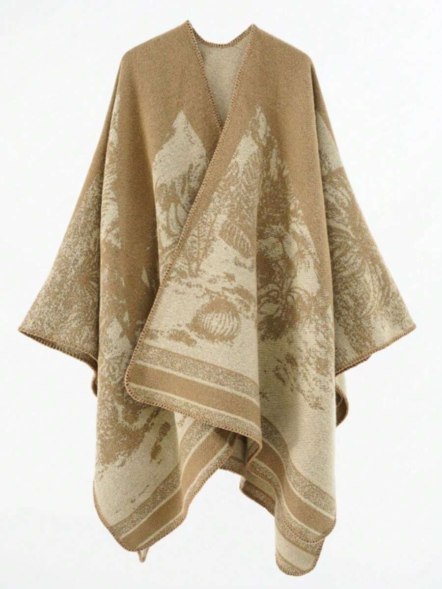 Elegante chaleco de mujer con diseño de colores combinados abrigo de imitación de cachemira capa exterior para el invierno - Caqui - Ver 1