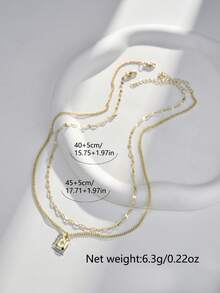 2件套双层叠层设计方形吊坠项链，百搭日常佩戴的颈链 - 金黃色 - 查看 6