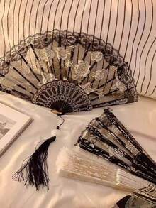 1pc Rose Pattern Lace Folding Fan, Vintage Black Lace Folding Fan With Tassel, Suitable For Retro Wedding, Festival And Party Decor, Home Cooling, Travel Accessories, Dance Decor, Vintage Home Decor - Multicolor - View 1