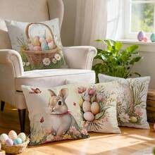 4 fundas de almohada decorativas con estampado de conejito y huevo de Pascua, de un solo lado, para sala de estar, dormitorio y decoración del hogar, aptas para todas las estaciones - No incluye relleno de almohada - Multicolor - Ver 9