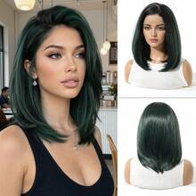 12英寸短直北极星深绿色自然假发，13*4蕾丝前额手工编织蕾丝化纤高密度假发，适合日常角色扮演、派对、婚礼、音乐节、圣诞礼物等场合。进口丝绸材质。 - 彩色 - 查看 14