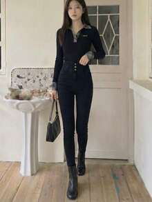 Women's Button Front Skinny Casual Jeans, Versatile For Autumn/Winter - Black - View 2