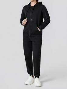 女士休闲日常纯色拉链连帽衫，适合骑行、徒步、跑步、户外运动，春秋季穿着。 - 黑色 - 查看 6