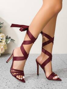 女士新款夏季高跟系带凉鞋，尖头罗马款式，百搭时尚性感派对细高跟鞋 - 酒紅色 - 查看 1