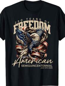 250 Years Of American Freedom Eagle Patriotic T-Shirt - 250th Anniversary Commemorative Unisex Crew Neck Short Sleeve, Comfortable Regular Fit With Slight Stretch, All-Season Casual Wear For Men & Women, Independence Day Apparel, Historical Event Ap - màu đen - Xem 1