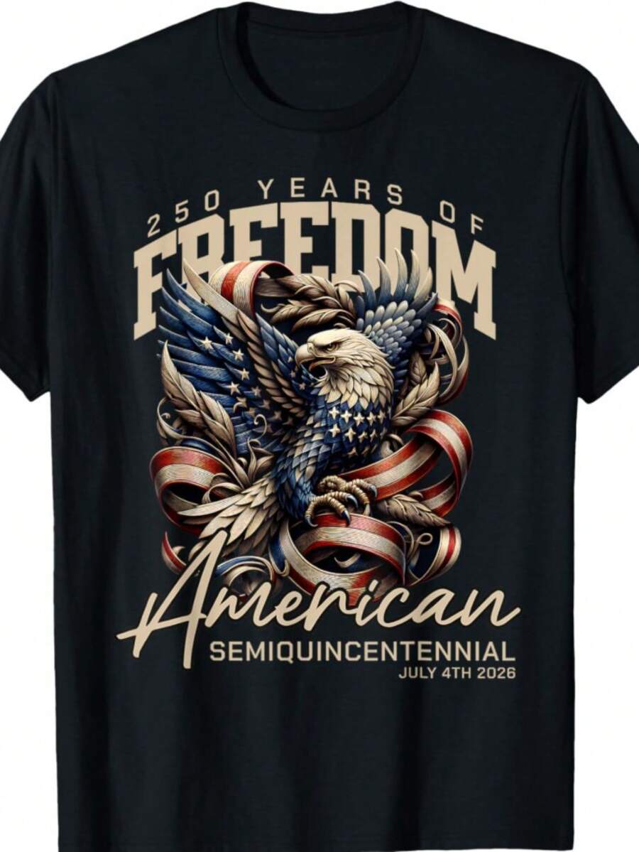 250 Years Of American Freedom Eagle Patriotic T-Shirt - 250th Anniversary Commemorative Unisex Crew Neck Short Sleeve, Comfortable Regular Fit With Slight Stretch, All-Season Casual Wear For Men & Women, Independence Day Apparel, Historical Event Ap - màu đen - Xem 1