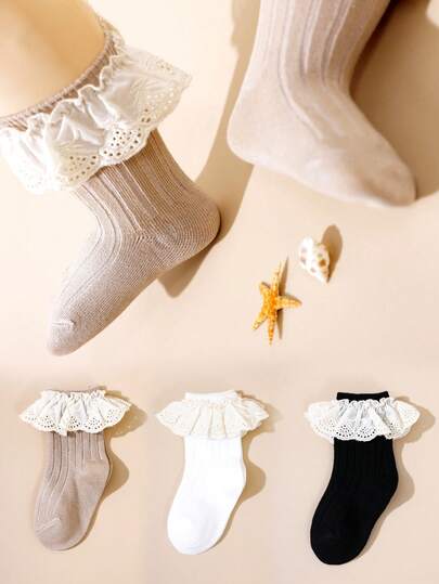3 Pairs Girls' Vertical Stripe Solid Color Socks, Lace Trim, Spanish Style, Elegant & Sweet, Suitable For Ballet, Infant