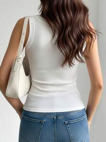 1pc Casual Comfortable Minimalist Women's Camisole Top, Non-Detachable Padded, White Sleeveless Vest, Fitted Slim Fit Ribbed Crew Neck Backless - Black - View 6