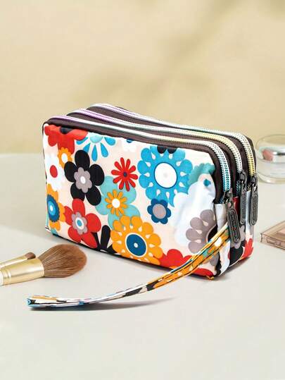 1pc Fashion Printed Large Capacity Women's Clutch Bag, With 3-Layer Zipper Compartments And Detachable Wrist Strap - Durable Printed Nylon Material, Suitable For Travel, Daily Use, Holding Phone, Makeup Brushes, Lipstick, Beauty Tools, Cosmetic Travel Pouch, Zipper-Around Coin Purse, Multi-Function Card Holder, Women's Daily Handbag, Meeting Your Outings And Daily Needs