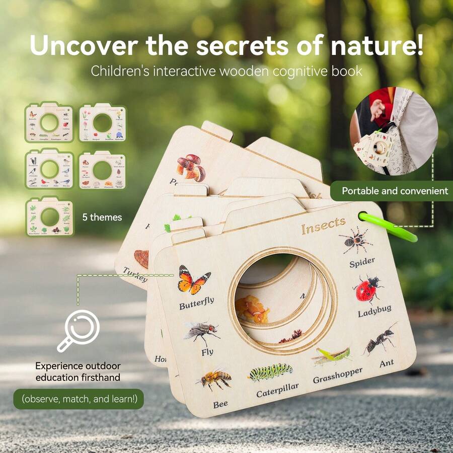 儿童认知木制书，内容涵盖动物、植物和昆虫；儿童益智玩具，配有放大镜；木制书套装，用于英语单词学习；适合家庭和户外亲子互动冒险的玩具；场景重现角色扮演道具