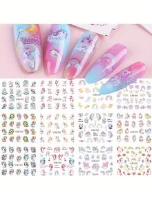 12款独角兽和马美甲贴纸，闪光水转印贴纸，彩虹爱心、月亮、星星、蛋糕、气球等彩色卡通图案，美甲装饰，DIY美甲贴纸，女士美甲配件 - 彩色 - 查看 7
