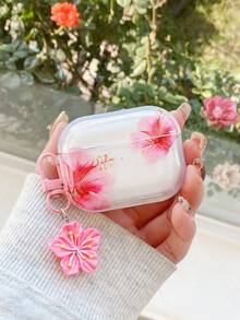 Fresh And Sweet Floral Pattern Hibiscus Flower Transparent Earphone Case With 1 Flower Charm, Compatible With AirPod Case, Headphones, Pro 3 Case, Pro (2nd Gen), 3, Pro, 1/2, 4 Case Cover, Suitable As Valentine's Day Gift
