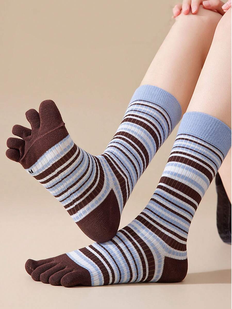 yuluan 1 Pair Women's Cotton Stripe Mid-Calf Socks, Breathable Moisture-Wicking Odor-Resistant Five Finger Socks, Elastic & Seamless, Multi-Color, Suitable For Spring, Summer, Autumn - Multicolor - View 1