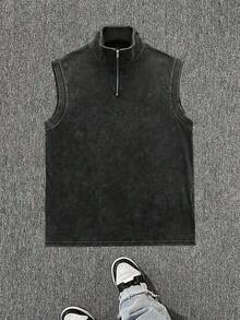 Áo vest nam mùa hè kiểu vintage, cổ kéo khóa nửa thân. - màu đen - Xem 3