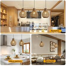 Lámpara colgante de ratán, lámpara colgante moderna bohemia de bambú tejido a mano, adecuada para la isla de la cocina, el dormitorio, la sala de estar - Calabaza de 28 cm de diámetro - Ver 6